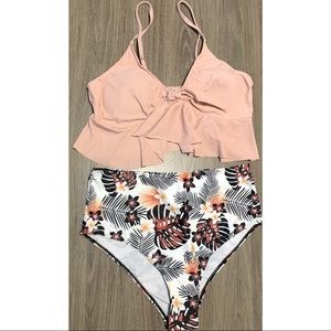 SHEIN Tropical FrontKnot Ruffle HighWaisted Bikini